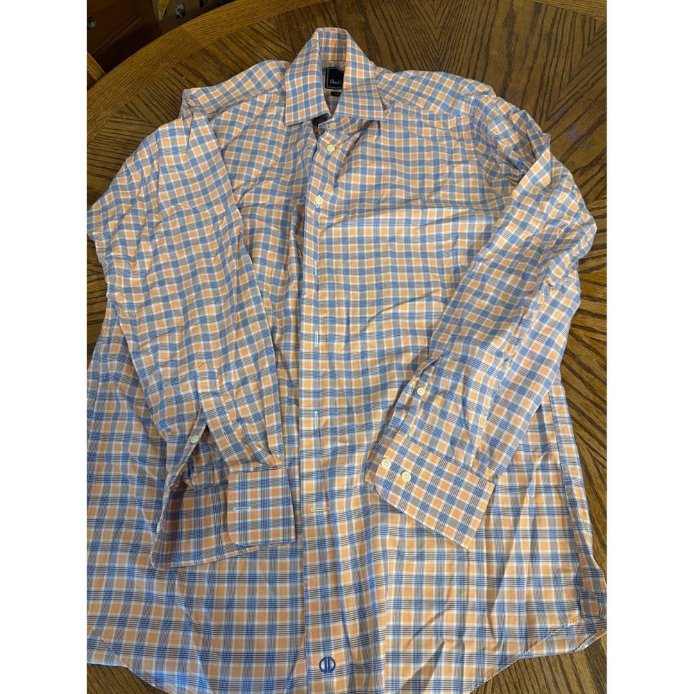 David Donahue Mens Trim Fit Plaid Dress Shirt Orange Blue 16.5 34/35 Cotton